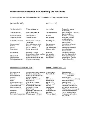 Offizielle Pflanzenliste für die Ausbildung der Hauswarte