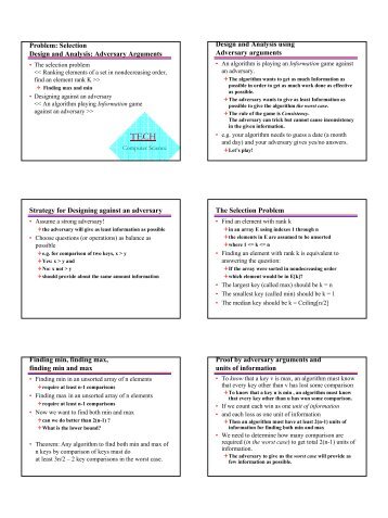 Problem: Selection Design and Analysis: Adversary Arguments ...