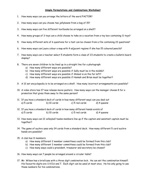 Simple Permutations and Combinations Worksheet 1  - mrnewbatt