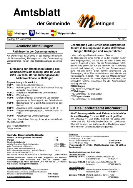 Amtsblatt 22-2013 - Mietingen