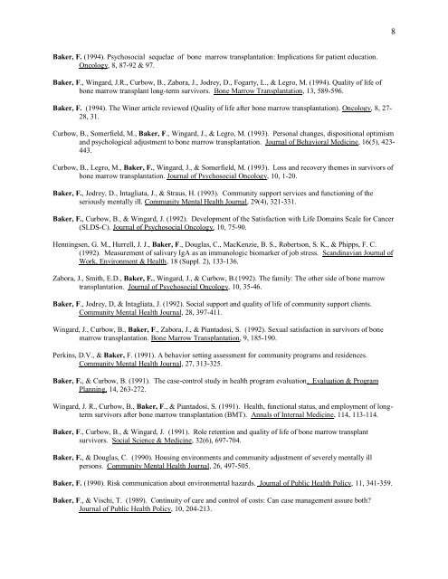 1 FRANK BAKER, Ph.D. Curriculum Vitae - University of Connecticut ...