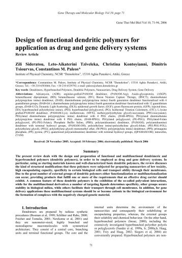 Design of functional dendritic polymers for application as drug and ...