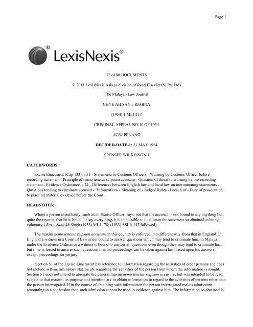 The Malayan Law Journal Chye Ah San V Regin Ilms