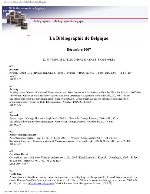 Bibliographie de Belgique - Koninklijke Bibliotheek van België