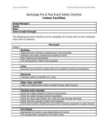 Backstage Pre & Post Event Safety Checklist Indoor Facilities - URMIA