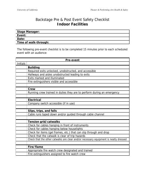 Backstage Pre & Post Event Safety Checklist Indoor Facilities - URMIA