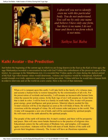 Sathya Sai Baba - Kalki Avatar of Vishnu During Kali Yuga Age