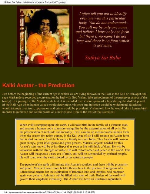 Sathya Sai Baba Kalki Avatar Of Vishnu During Kali Yuga Age