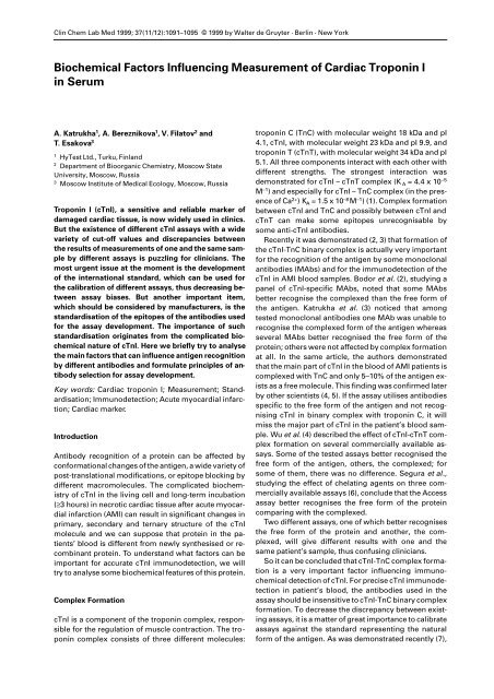 Biochemical Factors Influencing Measurement of Cardiac Troponin I ...