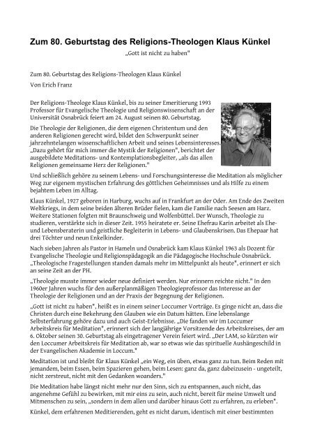 Zum 80. Geburtstag des Religions-Theologen Klaus Künkel
