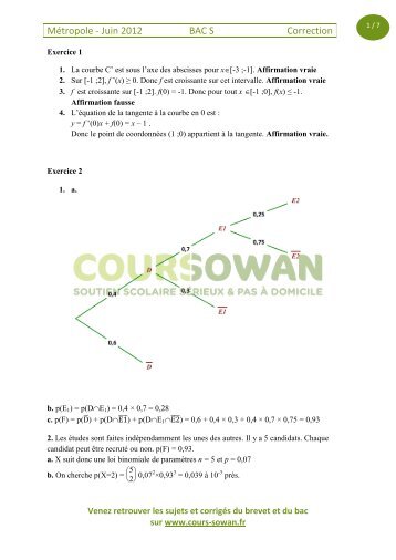 Métropole - Juin 2012 BAC S Correction - Math93