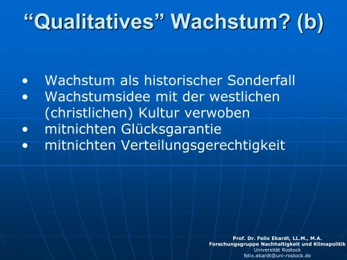 Präsentation von Felix Ekardt - Wachstum im Wandel