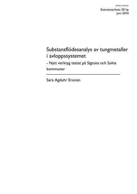 Substansflödesanalys av tungmetaller i avloppssystemet - DiVA