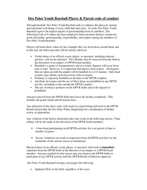 Dos Palos Youth Baseball Player & Parent code of conduct