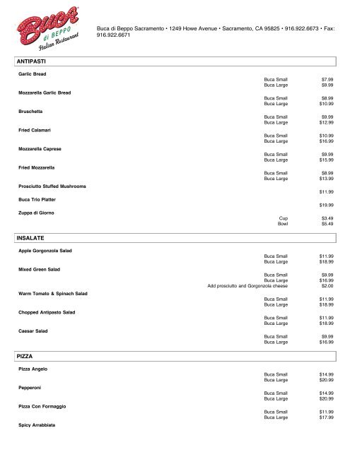 Menu for buca di beppo deals