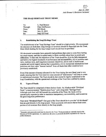 THE IRAQI HERITAGE TRUST MEMO I. Establishing the Iraqi ...