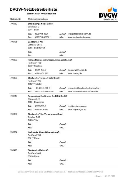 DVGW-Netzbetreiberliste - DVGW Service & Consult GmbH
