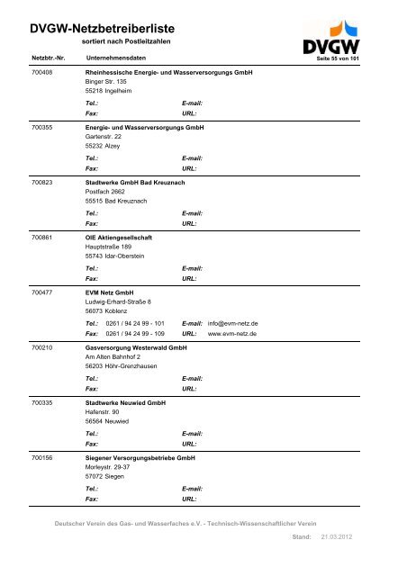 DVGW-Netzbetreiberliste - DVGW Service & Consult GmbH