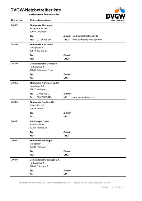 DVGW-Netzbetreiberliste - DVGW Service & Consult GmbH