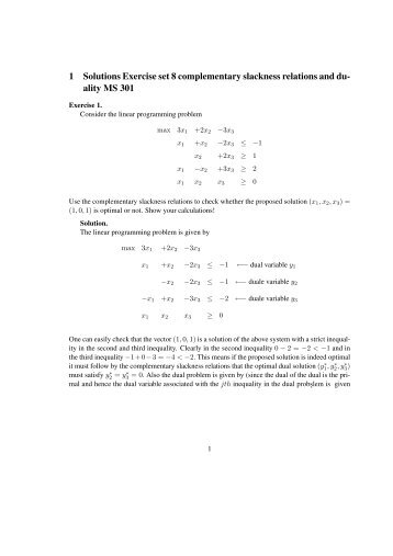 1 Solutions Exercise set 8 complementary slackness relations and ...