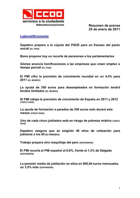 Resumen de prensa 25 de enero de 2011 Laboral/Economía