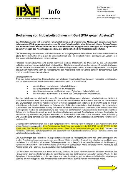 Bedienung von Hubarbeitsbühnen mit Gurt (PSA gegen Absturz)?