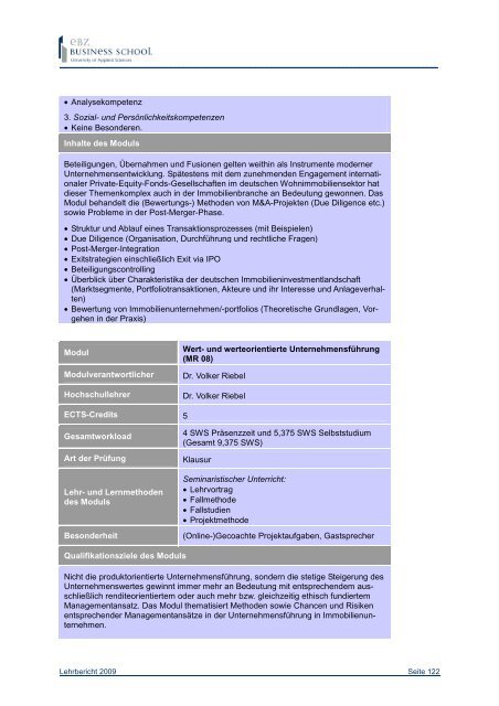 Lehrbericht 2008-09 - EBZ Business School