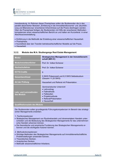 Lehrbericht 2008-09 - EBZ Business School
