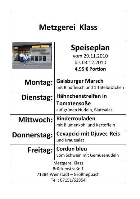 Metzgerei Klass Speiseplan - Metzgerei Klass GbR