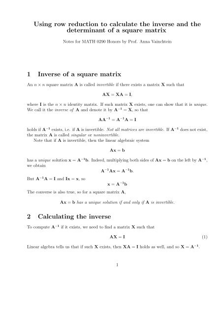 Using row reduction to calculate the inverse and the determinant of 