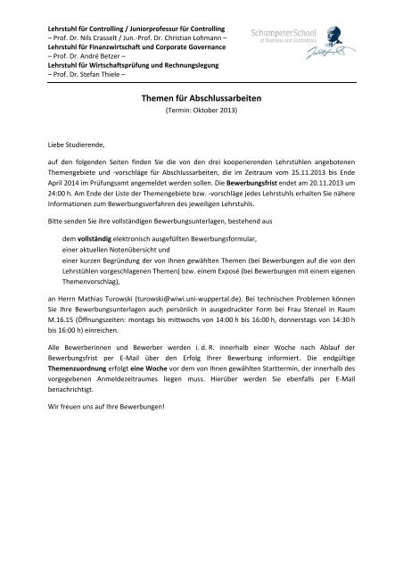 Themen Fur Abschlussarbeiten Lehrstuhl Fur Finanzwirtschaft Und