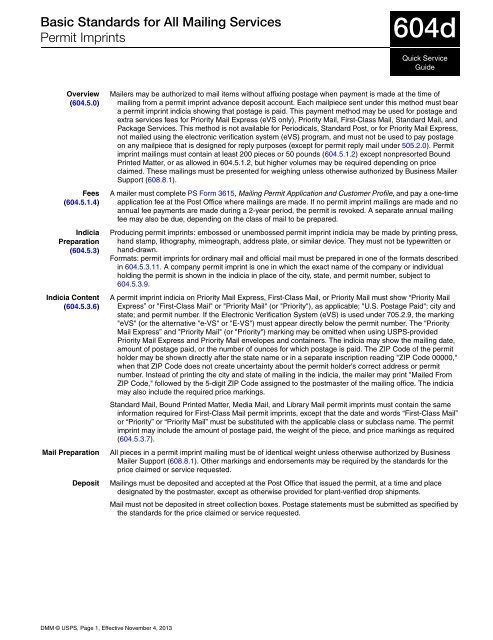 QSG 604d Basic Standards for All Mailing Services - Permit Imprints