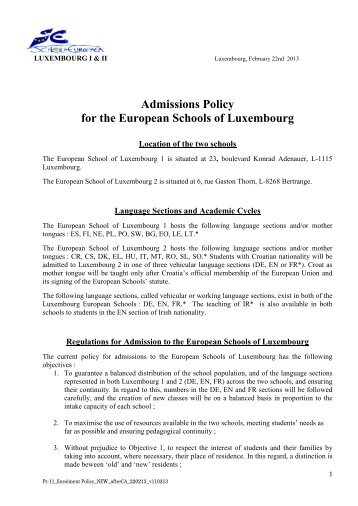 Admissions Policy for the European Schools of Luxembourg
