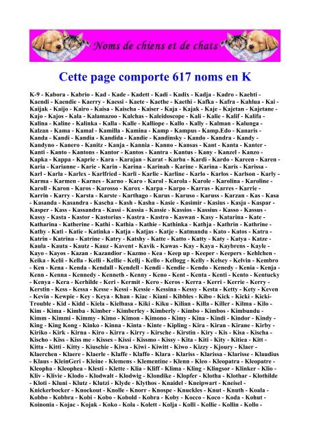 Cette Page Comporte 617 Noms En K Noms De Chiens Et De Chats