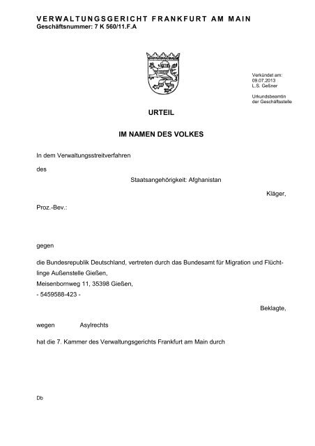 Verwaltungsgericht Frankfurt Verwaltungsgericht Frankfurt