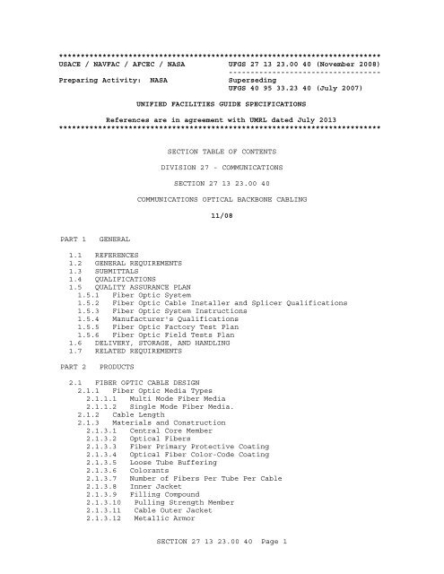 UFGS 27 13 23.00 40 Communications Optical Backbone Cabling
