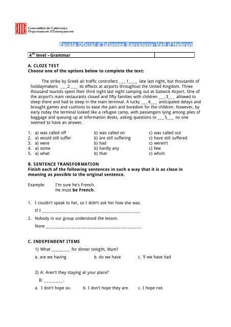 4th Level Grammar A Cloze Test Choose One Of The Options