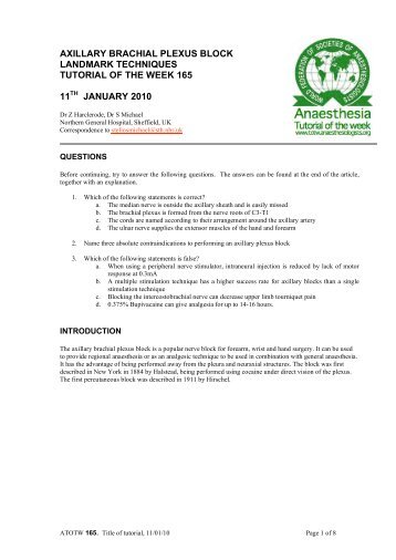165 Axillary brachial plexus block. Landmark ... - Anaesthesia UK