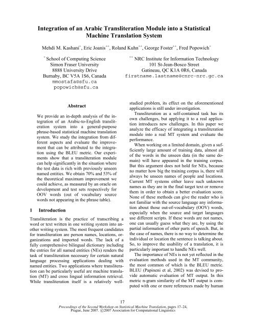 Integration of an Arabic Transliteration Module into a Statistical ...