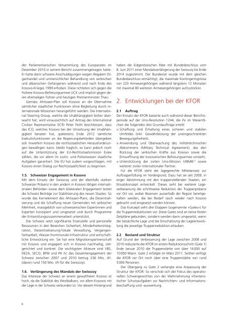 Bericht 2011 über den Einsatz der Schweizer Kompanie (Swisscoy ...