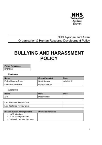 BULLYING AND HARASSMENT POLICY - NHS Ayrshire and Arran.