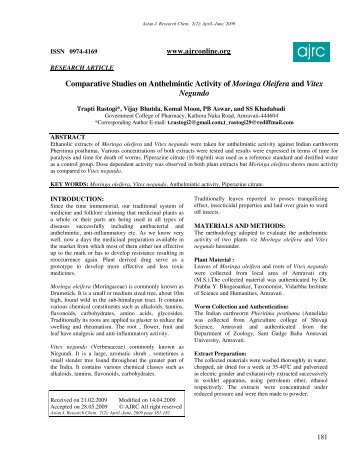 Comparative Studies on Anthelmintic Activity of Moringa Oleifera ...