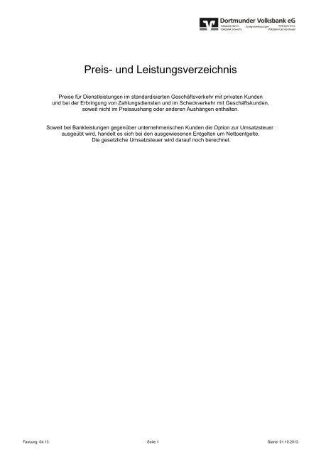 Preis- und Leistungsverzeichnis - Dortmunder Volksbank eG