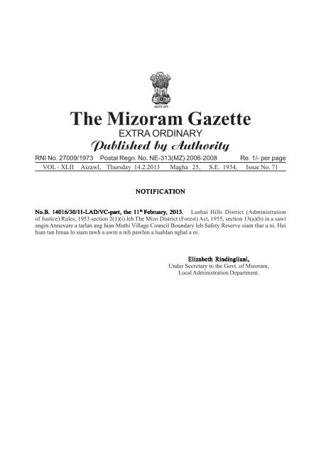 The Mizoram Gazette Department Of Printing Stationery