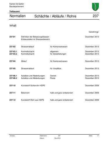 Normalien Schächte / Abläufe / Rohre 237 - Kanton St. Gallen