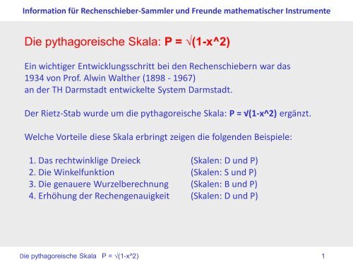 Die pythagoreische Skala: P = √(1-x^2) - Rechenschieber.org