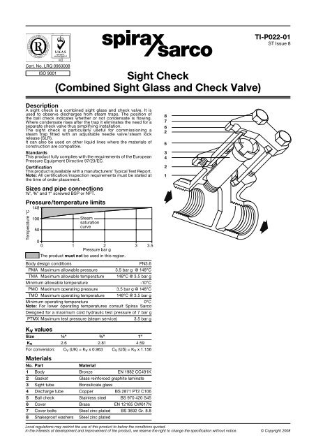 Sight Check (Combined Sight Glass and Check Valve) - Spirax Sarco