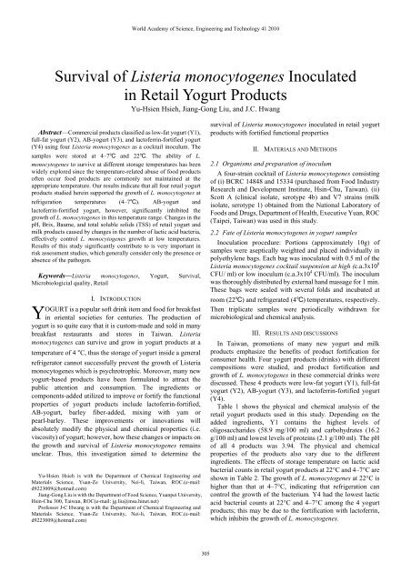 Survival of Listeria monocytogenes Inoculated in Retail Yogurt ...