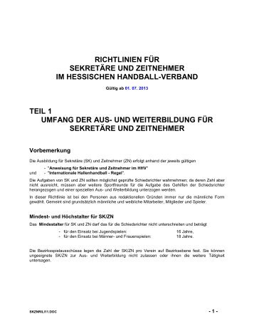 Richtlinien für Zeitnehmer/Sekretär - Hessischer Handball-Verband