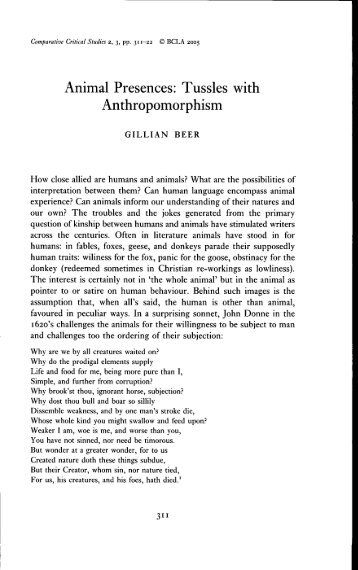 Gillian Beer, "Animal Presences: Tussles with Anthropomorphism"